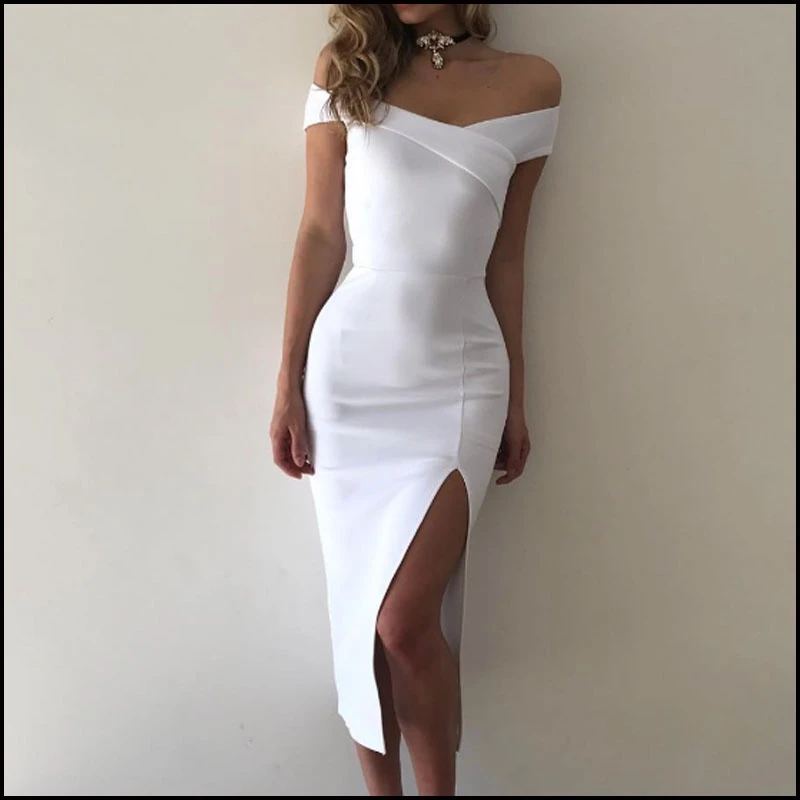 

new vogue Womens dress Bodycon slim side slit slash neck solid vestidos Dress elegant Lady Cocktail Party clubwear summer Dress