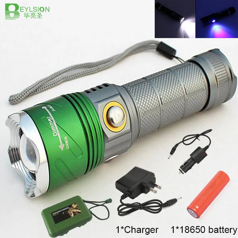 

1X The Newest Three Light Sources LED Flashlight 365NM UV for Fluorescent agents Detecting / White LED Lamp Light with charger