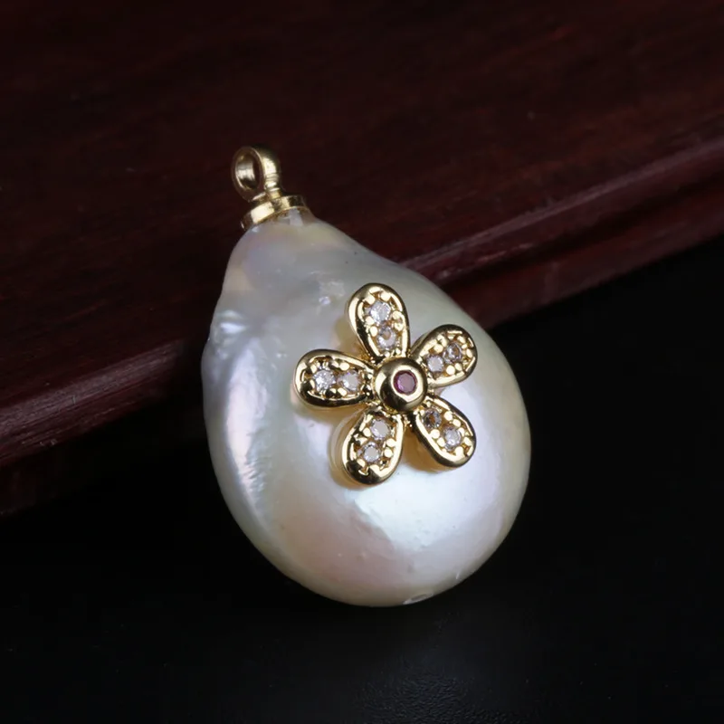 

gold tiny white cz crystal flower charms flat real freshwater pearl bead pendant charm for diy jewelry making for choker earring