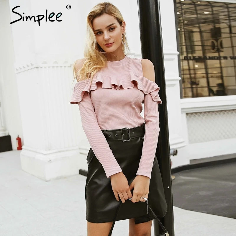 Simplee Cold shoulder female long sleeve sweater women Sweet pink ruffles knitted pullover Sexy autumn winter jumper 2018 Sweaters