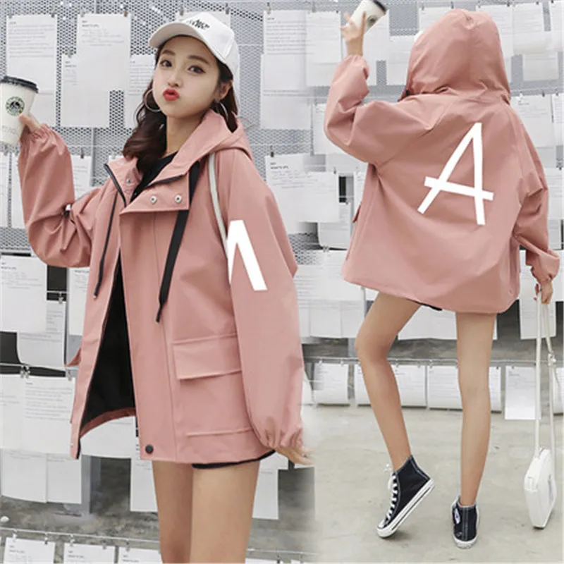 

2019 Boyfriend Hooded Jacket Spring Autumn Womens Jackets and Coats Pink Lapel Zippers Casual Fall Jacket Outerwear N743