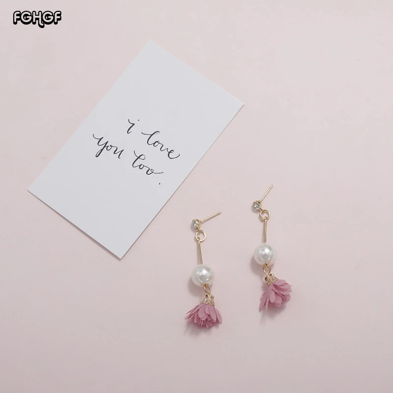 

FGHGF European and American new jewelry hand-made pink tassel imitation pearl earrings ladies long fabric flower earrings