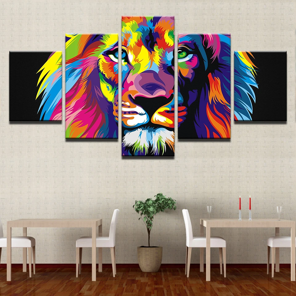 Модульные картины декор для гостиной стены Искусство HD печатает абстрактный плакат 5 шт. Красочные животные Лев, рисунок на холсте рамки