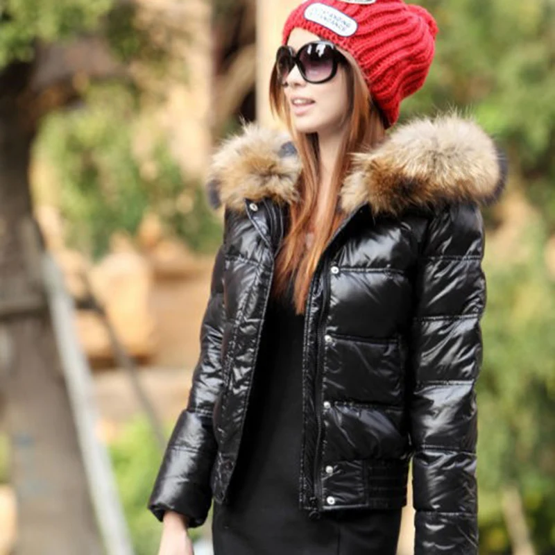 discounted  2018 Winter Down Jacket Fashion Raccoon Fur Hood Warm Jacket Short Coat Long Sleeve Black Red Jacke