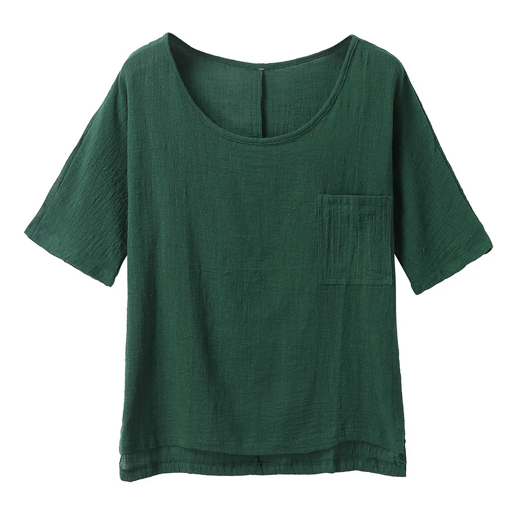 Женская блузка Blusas Mujer De Moda, Женская хлопковая и льняная рубашка с коротким рукавом и карманом, топ, блузка, женская блузка