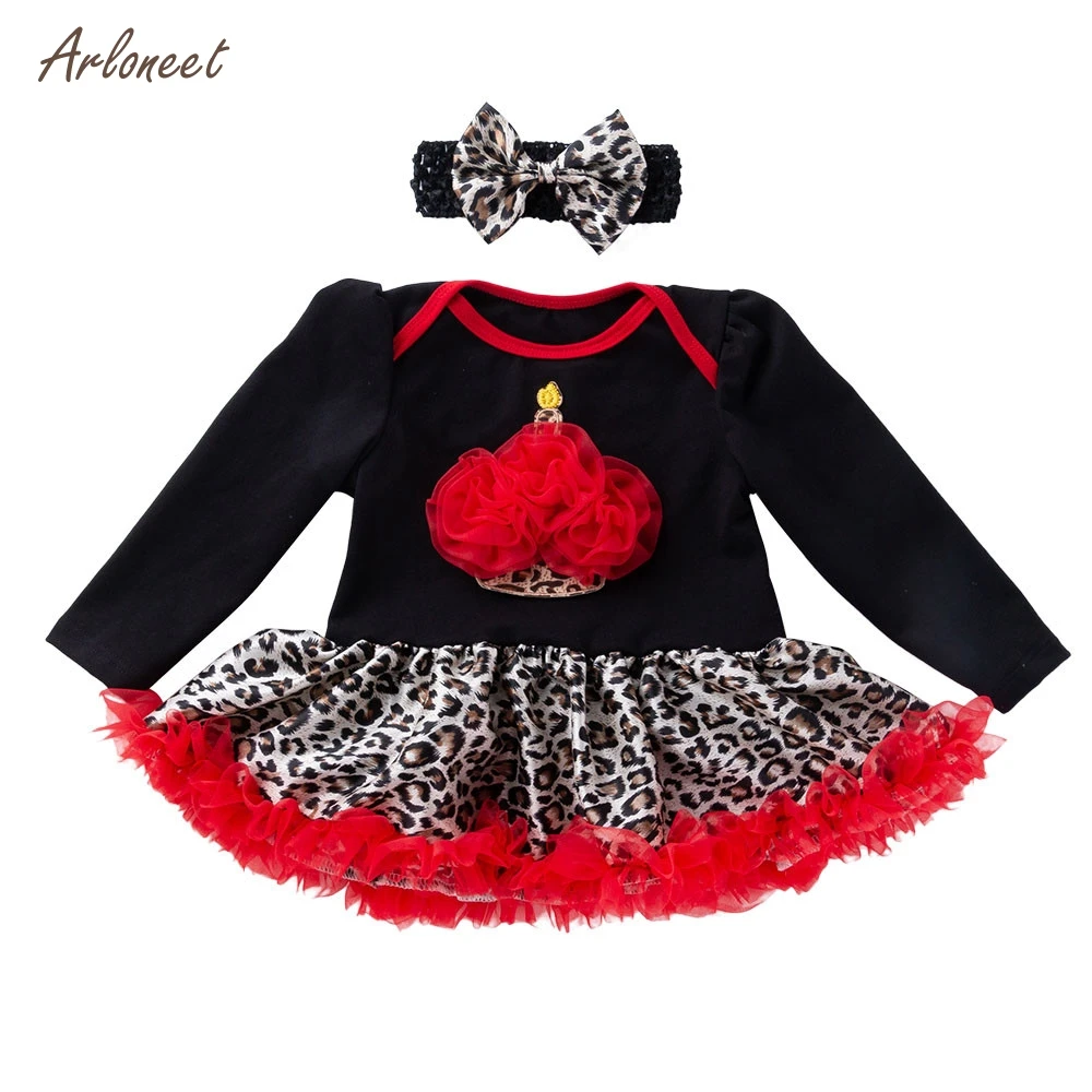 

ARLONEET Newborn Infant Baby dresses Winter Baby Long Sleeve Leopard Dress Tutu + Hair Strap 2PCS dress elegant for girls 2018