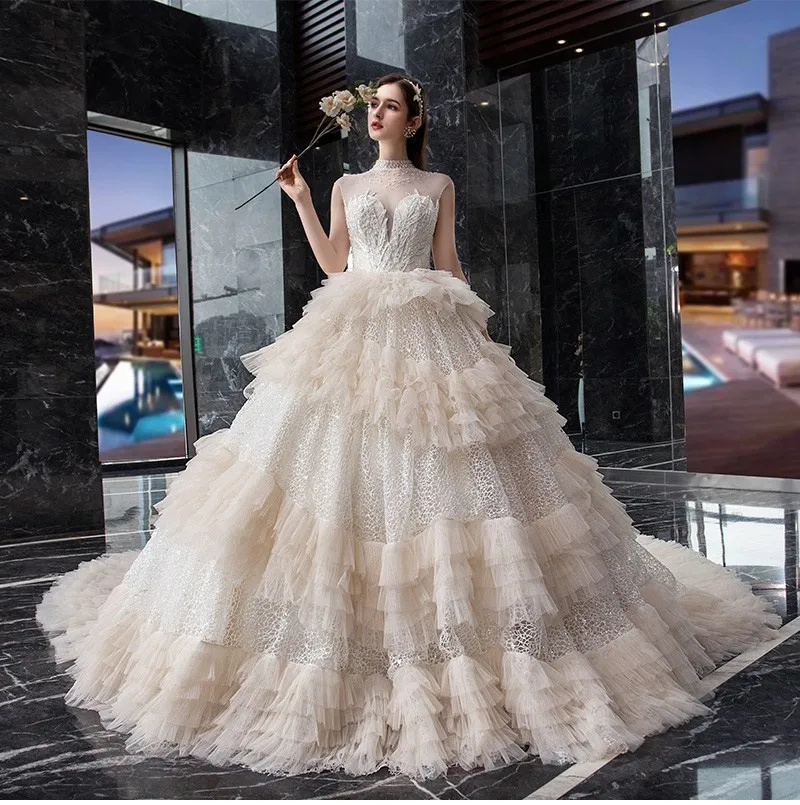 Robe De Mariee роскошное бальное платье цвета шампанского свадебное платье 2019 пышное свадебное платье принцессы Дубаи с длинным хвостом Vestido De Noiva