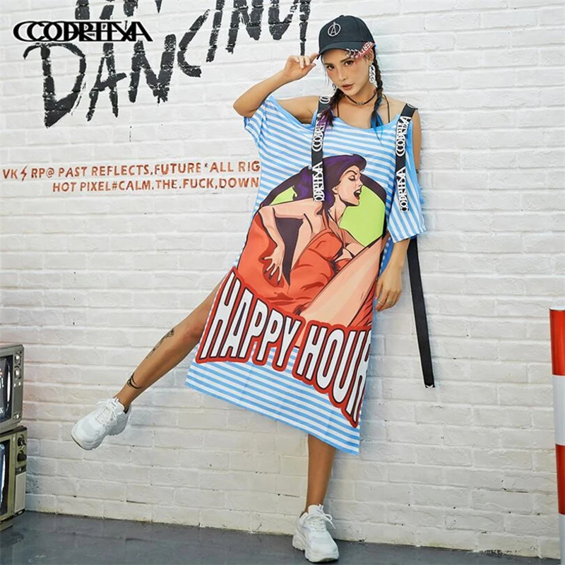

2019 New Female's Kleid Women Off Shoulder Sexy Dress Tide brand Print street Leisure long Dresses Hip hop Harajuku Loose Dress