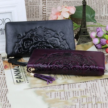

Fashion Tassel Embossing Black/Purple Lady Purse Long Genuine Leather Women Card Wallets Fashion Female Coin Wallets And Purses