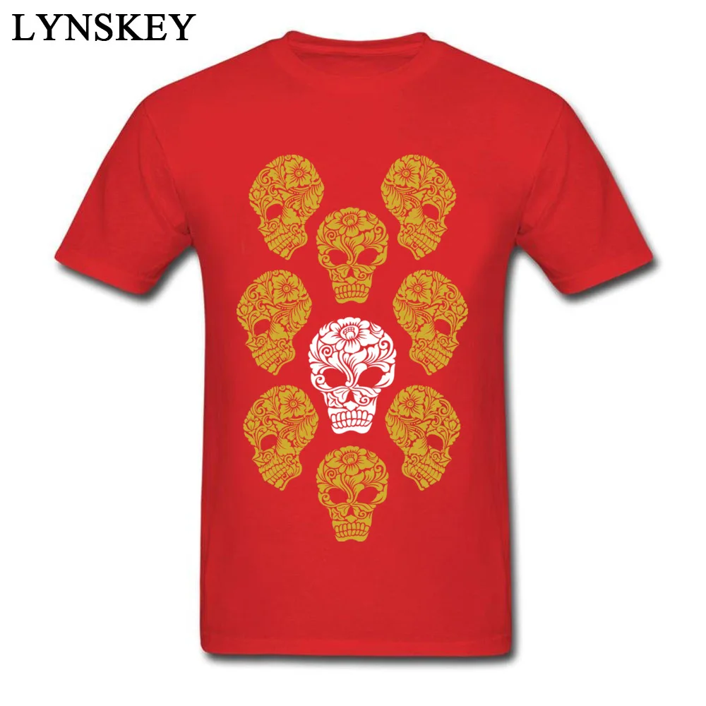 100% Cotton Men Short Sleeve T-Shirt Printed On Tops Tees Cheap Design Crewneck Tee Shirts White and gold skull heads White and gold skull heads red