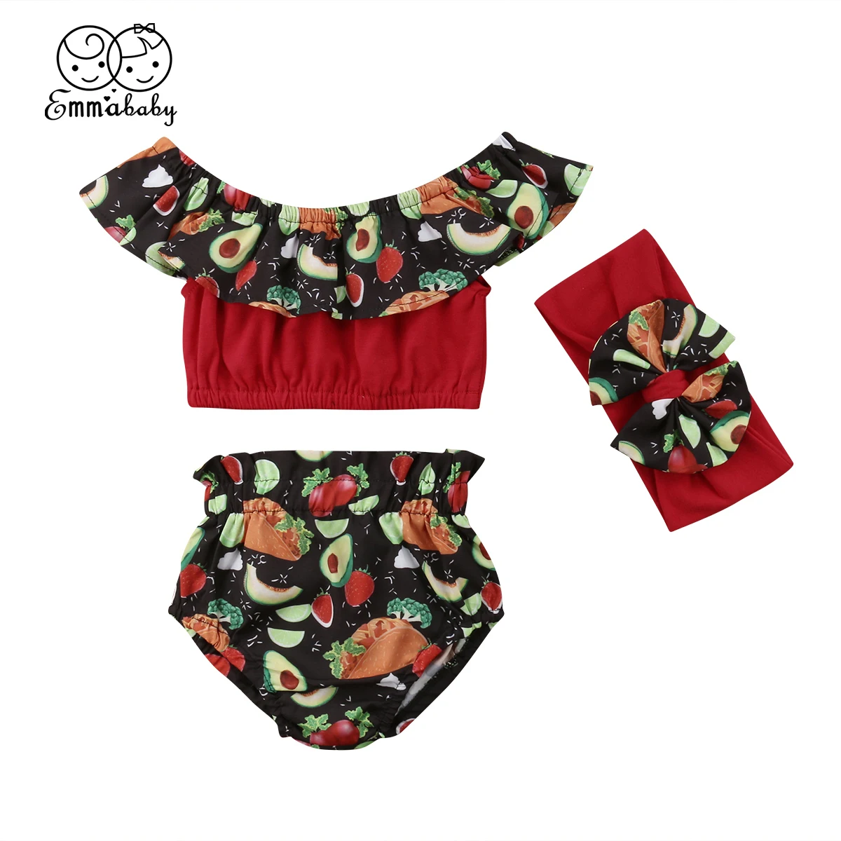 

Summer New Lovely 3PCS Toddler Kids Baby Girls Avocado Fruit Off Shoulder Crop Tops Shorts Headbands Cotton Outfits Clothes Set