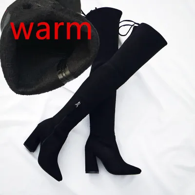 Black zipper warm Koovan/Для женщин ботфорты осень г. и Зимние Модные принцессы обувь на молнии с острым носком на толстом высоком каблуке Бретели для нижнего белья Для женщин Сапоги и ботинки для девочек - Цвет: Black zipper warm