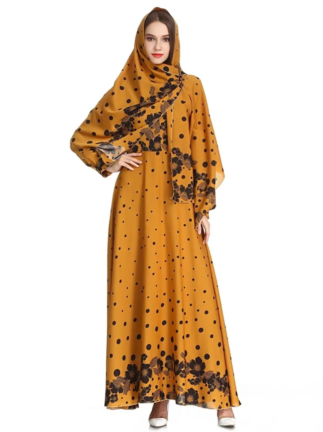 Мусульманские, исламские женщины платье весна лето Абая мусульманское платье халат длинный рукав халаты кардиган юбка хиджаб платье хиджаб тюрбан - Цвет: Оранжевый