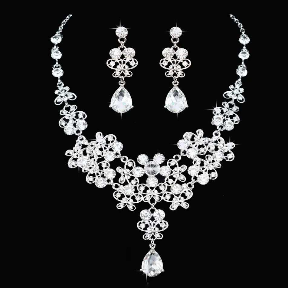 Moda de Cristal Do Casamento Conjuntos De Jóias de Noiva Tiara Coroa Brinco Colar Mulheres Prom Pageant Set Jóias Enfeites de Cabelo de Noiva (2)