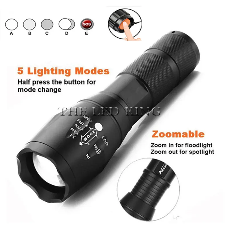 

Ultra Bright LED Flashlight T6/L2/V6 led lamp bead 5 Modes 8000 Lumens Zoomable LED Torch with 18650 Battery+Charger+Free gift