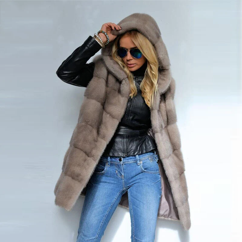 

Real Mink Fur Vest Winter Jacket With Hood 2019 New Whole Skin Solid Slim Genuine Fur Outerwear Long Coat Women Sleeveless 12.28