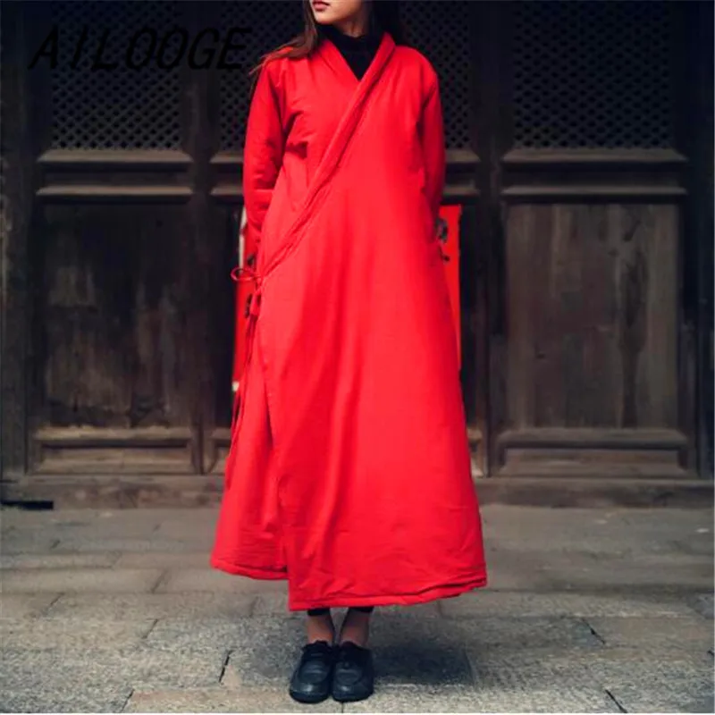 AILOOGE, женское хлопковое пальто, Ретро стиль,, зима, новинка, хлопок, лен, парка, утолщенная, 4 цвета, свободная, теплая одежда, халаты, повседневные пальто - Цвет: Red
