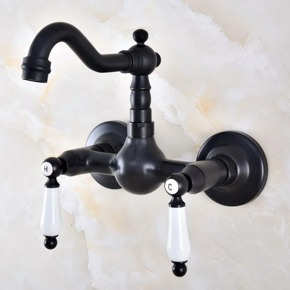 

Black Oil Rubbed Bronze Wall Mounted Bathroom Kitchen Sink Faucet Swivel Spout Mixer Tap Dual Ceramics Handles Levers anf868