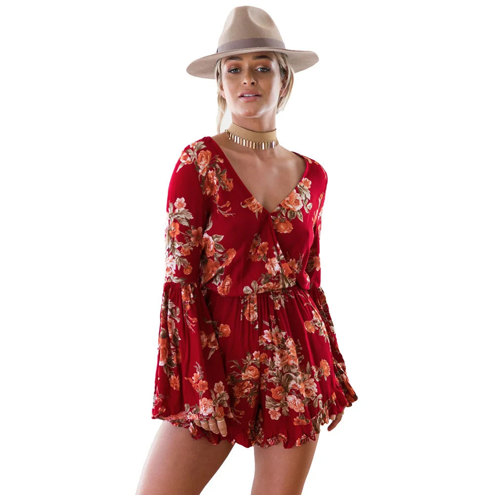 

Sexy Bodysuit Women Floral Print V Neck Long Flare Sleeve Playsuit Elastic Waist Beach Holiday Jumpsuit Rompers Red Overalls