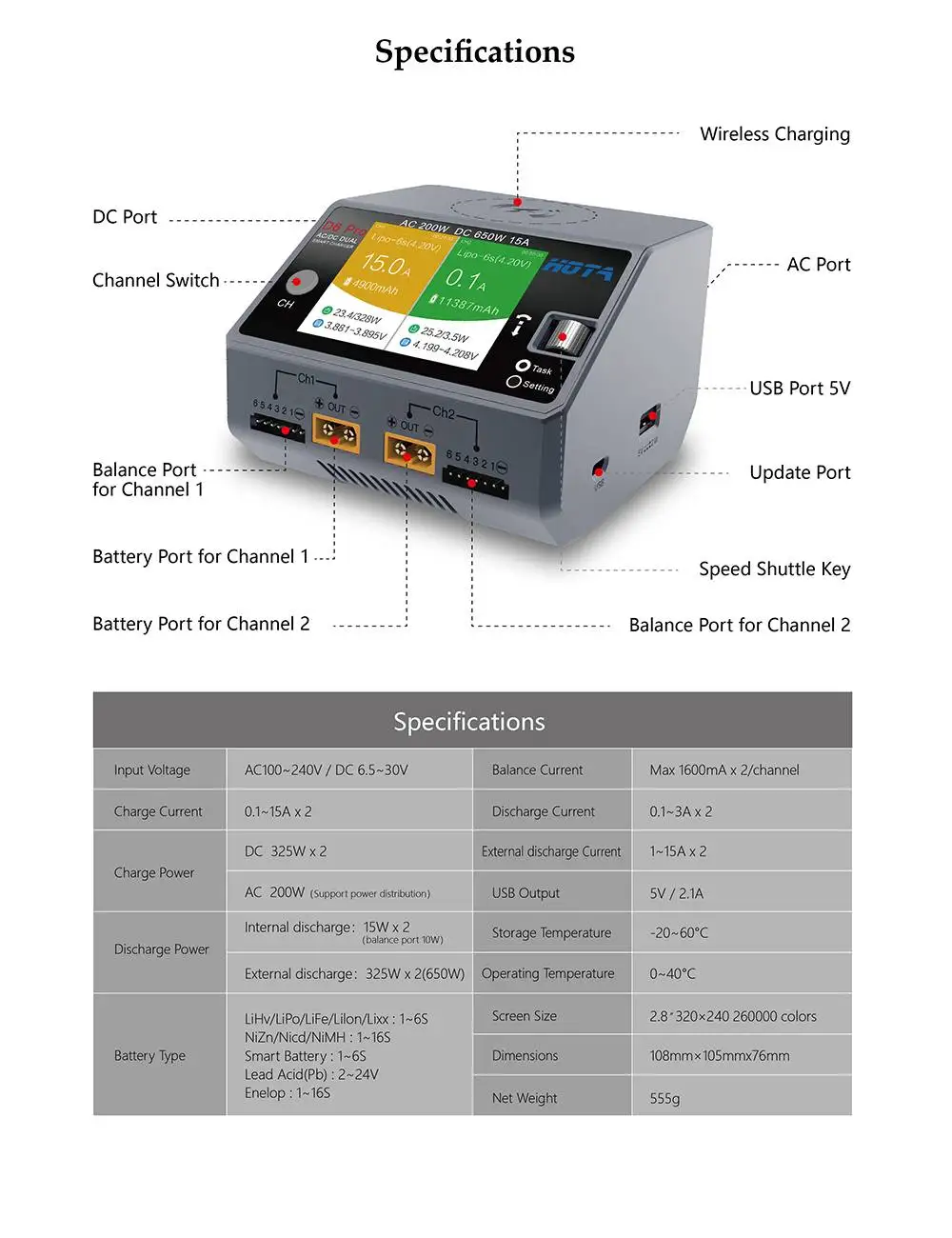 HOTA D6 PRO умное зарядное устройство 650 Вт 28A AC/DC двухканальная Беспроводная зарядка Smart Lipo зарядное устройство для iPhone RC моделей зарядки