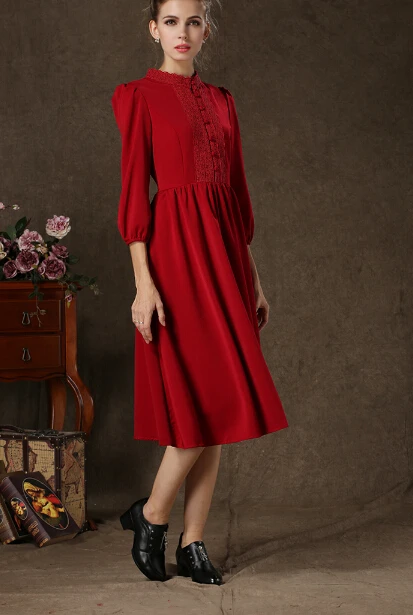Высокое качество Новое поступление ретро стоячий воротник Высокая талия с пышными рукавами женское шифоновое длинное платье Красный
