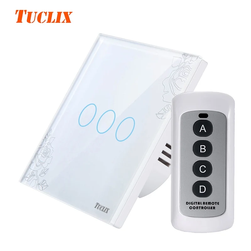 

TUCLIX EU/UK 3 gangs 1 way remote control touch switch remote wall lamp switch crystal lace of toughened glass lace