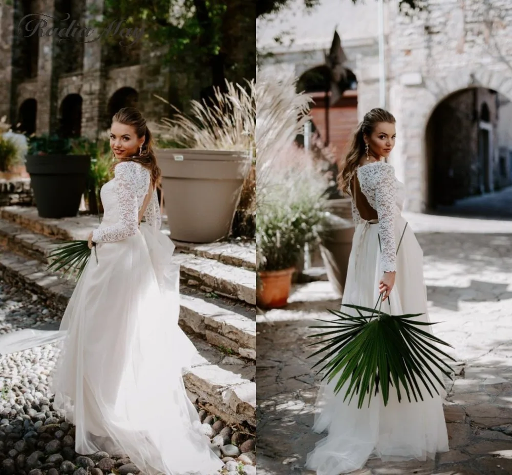Ofertaespecial Country Espalda Descubierta De Manga Larga De Encaje Vestido De Novia 2020 Vintage Beis Claro Tul Vestidos De Novia Bohemia Playa A Line Vestidos De Novia September 2020