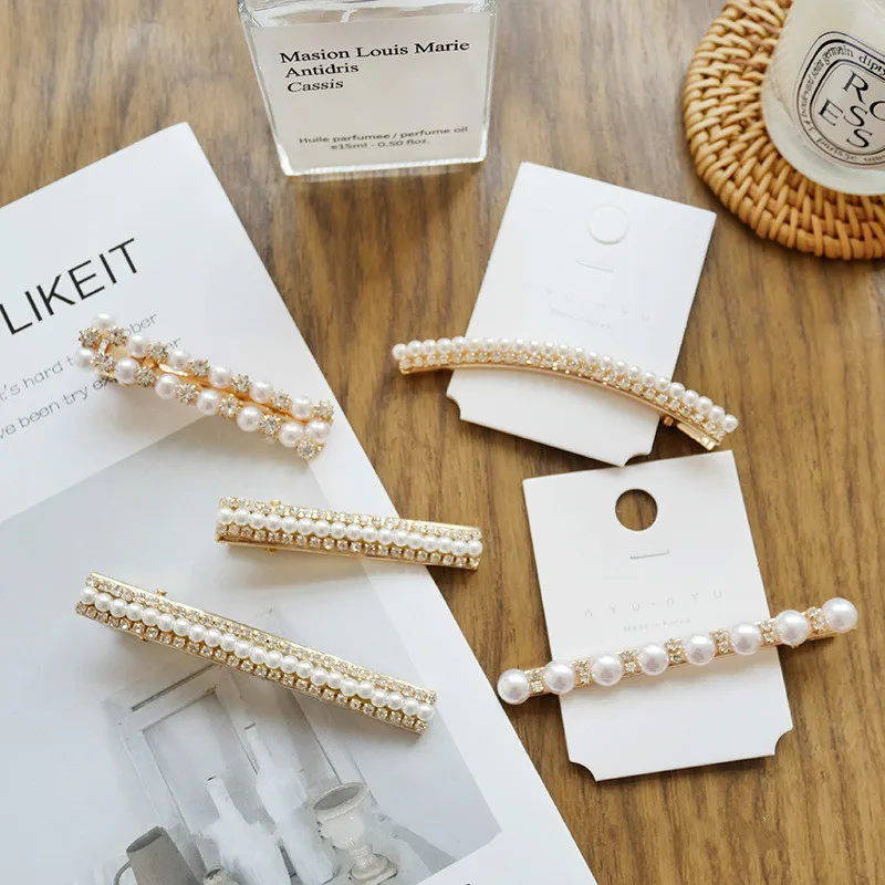 

2019 New Women Pearl Rhinestone Hair Clip Snap Hair Barrette Stick Hairpin Hair Styling Accessories For Women Girls Dropshipping