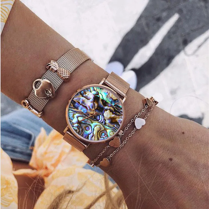 Sonho de Real Relógio de Pulso com Aço Pulseira de Malha Mavis Hare Novo Abalone Rosa Ouro Malha Inoxidável & Coração Link Pulseira Praia um