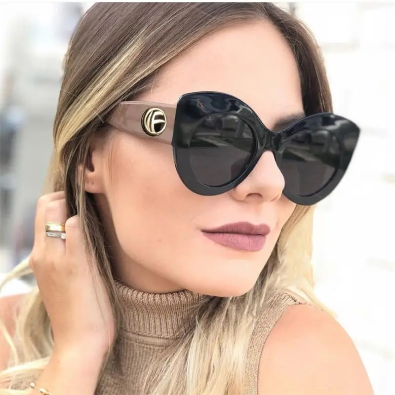 

Black Cat Eye Sunglasses high quality women fashion 2018 oversized frame Khaki legs designer sunglasses female hipster sunnies