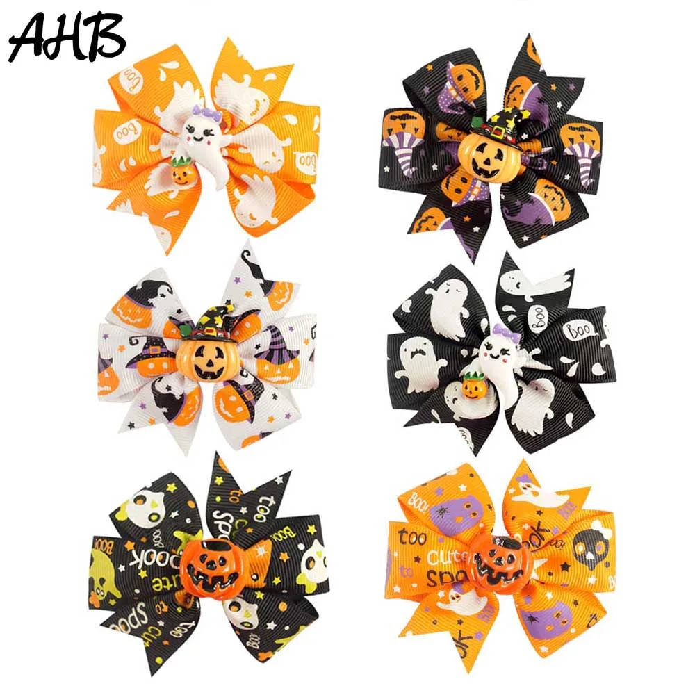 

AHB Halloween Day 3" Hair Bows with Clips for Girls Funny Ghost Pumpkin Style Hairpins Barrettes Kids Festival Party Headwear