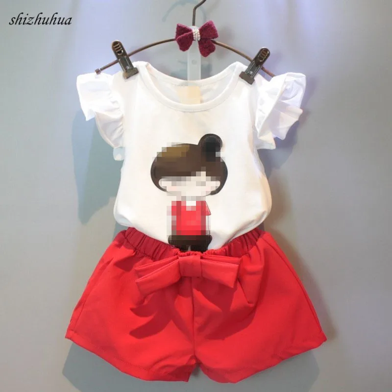 

Summer Girl Clothes Cartoon Print Round Neck T-shirt Shorts Two-piece Cotton Baby 2-6 Y Child Quality Clothing 2019 Hot Sale