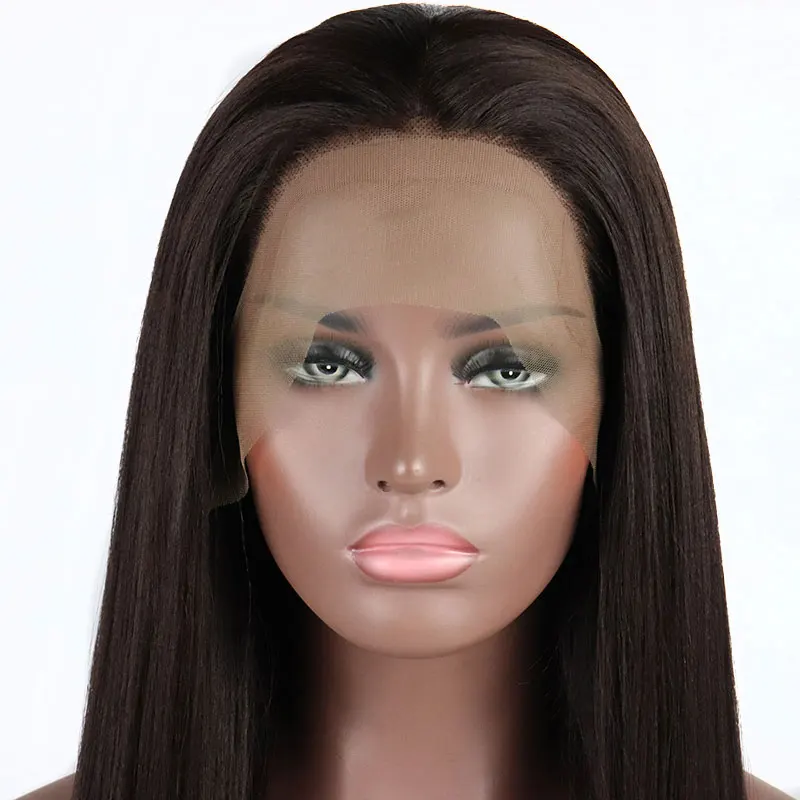 

Bombshell Dark Brown Yaki Straight Synthetic Lace Front Wig Glueless Heat Resistant Fiber Hair Natural Hairline For Women Wigs