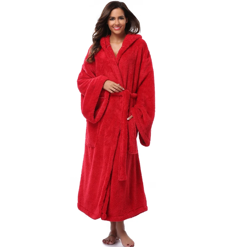 Зимние толстые теплые женские халаты коралловый флис пижамы длинный халат для женщин отель спа плюшевый длинный халат с капюшоном ночная рубашка кимоно