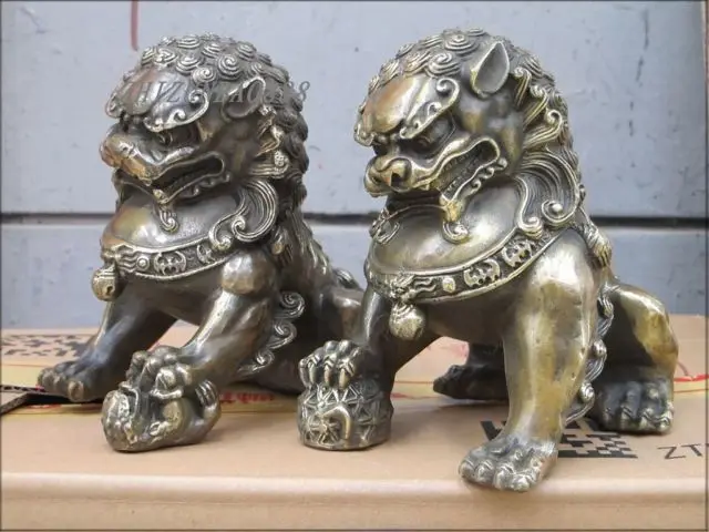 

China Bronze Double Lion King door keeper guard FOO DOG LION animal Pair Garden Decoration 100% real Brass Bronze