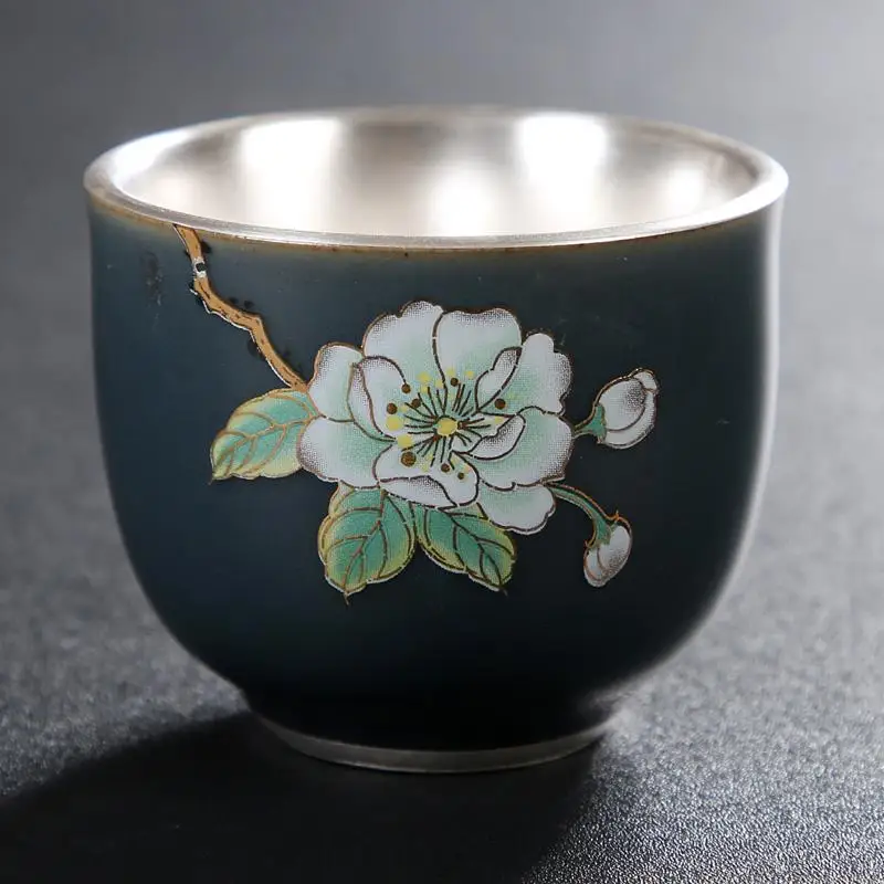 Ceramic silver Серебряная чашка лайнер чистый серебряный набор для чаепития 999 Серебряная чашка инкрустированная с золотой чашкой ремесло Кунг Фу керамическая Серебряная мастер чашка - Цвет: Ceramic silver