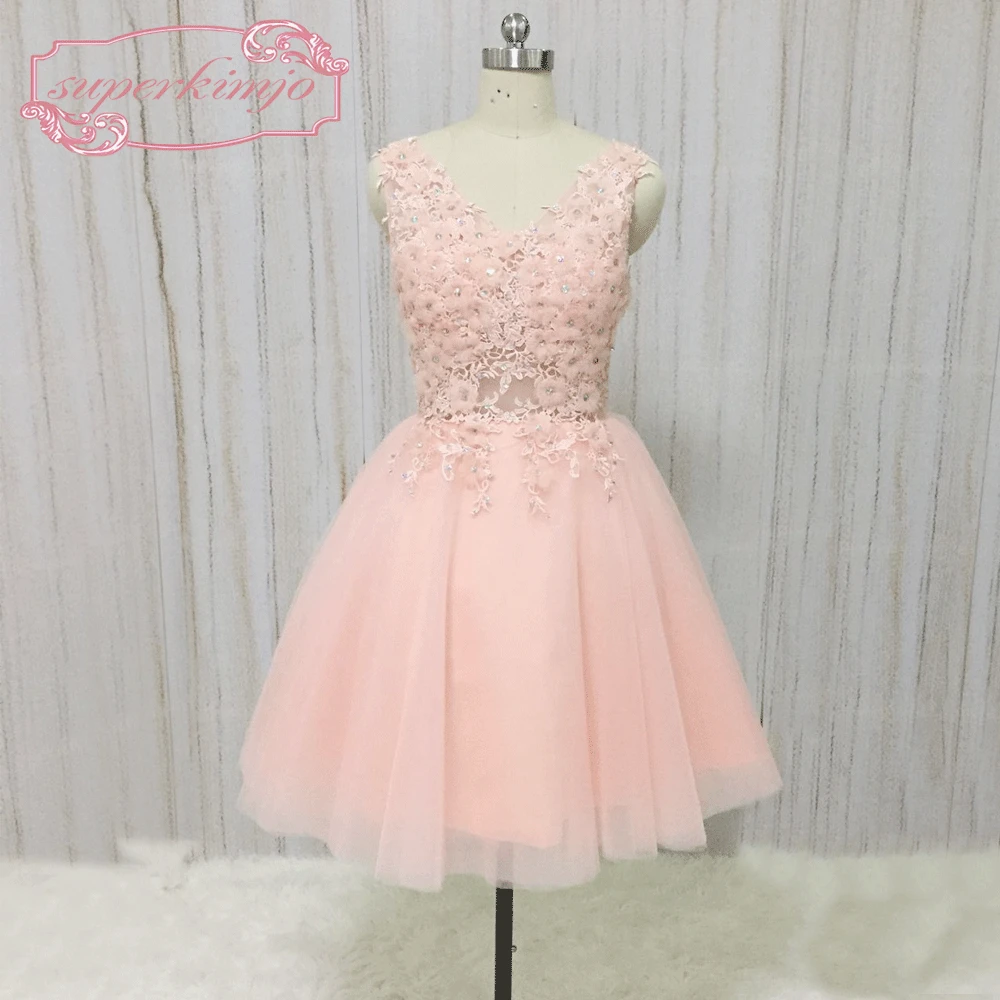 

SuperKimJo Robe De Cocktail 2018 Short Pink Cocktail Dresses Appliques Floral Cheap Homecoming Dresses for Teens