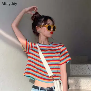 

T-shirts Women Summer Harajuku Korean Style Slim Candy Color Womens Striped O-Neck Short Sleeve Female Trendy High Quality Chic