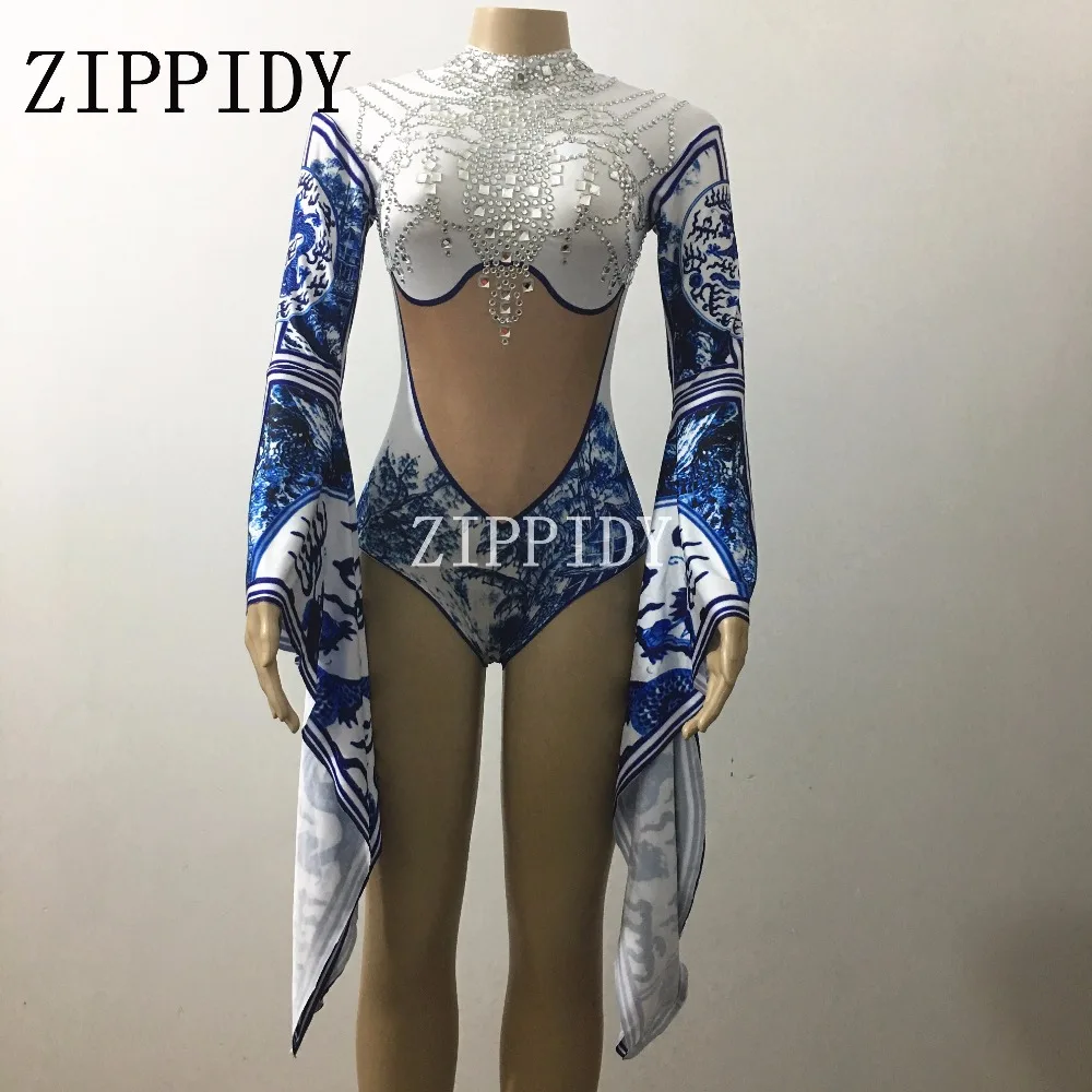 Glisten Stage Della Sexy Costume Femminile E Un Stampa Bianco Cinese Blu Tuta Porcellana Pezzo Del Argento Show Di Usura Strass Cantante Opn0p15w