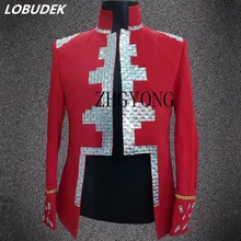 Мужской в панк-стиле куртка Красный Черный с кристаллами пальто Верхняя одежда ночной клуб бар мужские для певицы для сцены костюм хост Пиджаки для выступлений