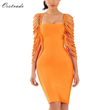 Ocstrade, оранжевое Бандажное платье, летнее женское желтое Бандажное платье с бахромой, женские облегающие бандажные платья с коротким рукавом