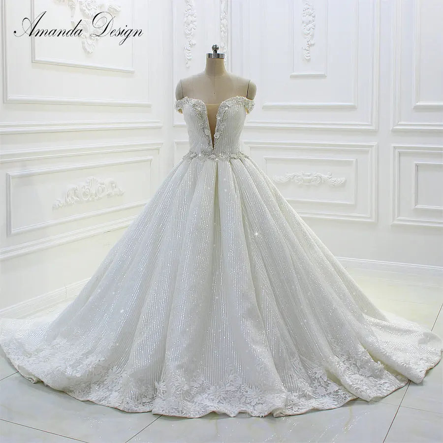 

Amanda Design Off Shoulder Lace Flowers Luxury Wedding Dress Real Photos 2019