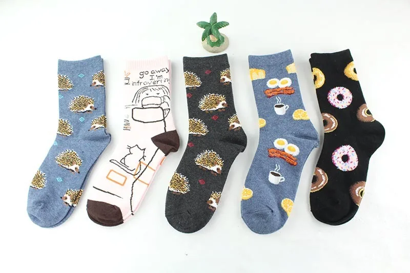 PEONFLY, 5 пар/лот, новинка, корейский стиль, счастливые носки, Пончик, яйцо, милый мультфильм, ежик, женские носки, красочные Хлопковые женские носки
