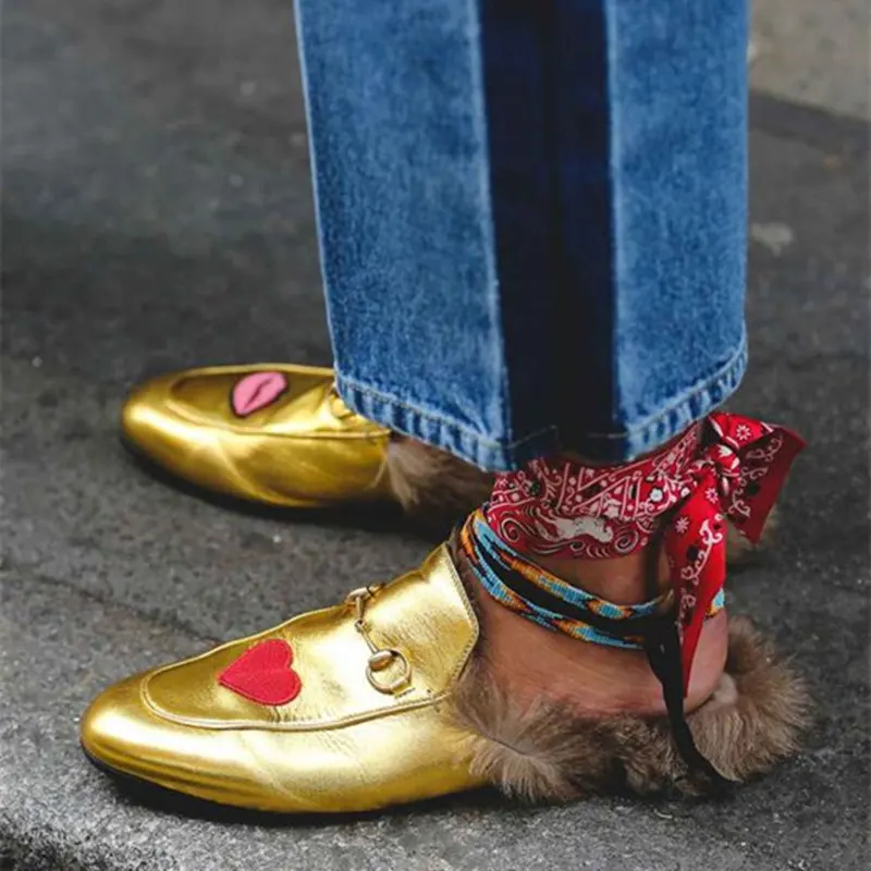 Fashion Week Schoenen Princetown Lederen en Kangoeroe Bont Slippers Goud  Leather Shearling Geborduurde Platte Loafers Schoenen Vrouw| | - AliExpress