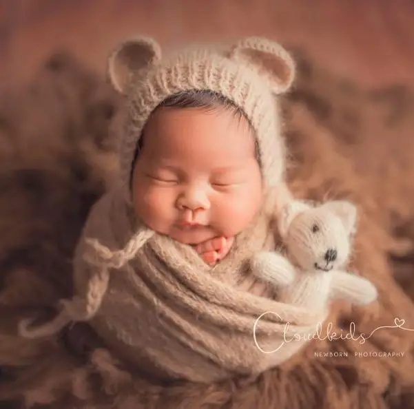Серый плюшевый мишка шапка мохеровая Шапочка-Медвежонок и кукла набор ушей животных для новорожденных ручной вязаный берет реквизит для фотосессии новорожденных - Цвет: hat and toy sett-1