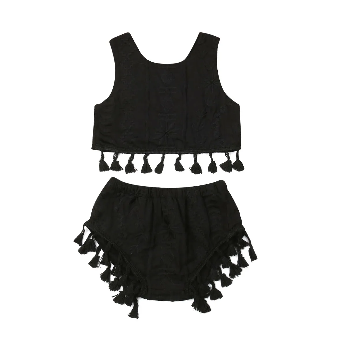 1-7Y Toddler Kid Baby Girl Tassel Clothes Sets Black Sleeveless Crop Top Short Pants Outfit Set | Мать и ребенок