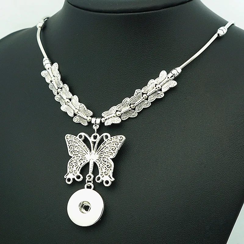 

New Fashion Beauty Butterfly Vintage Flowers Metal snap pendant necklace 50cm fit 12mm/18mm snap buttons snap jewelry