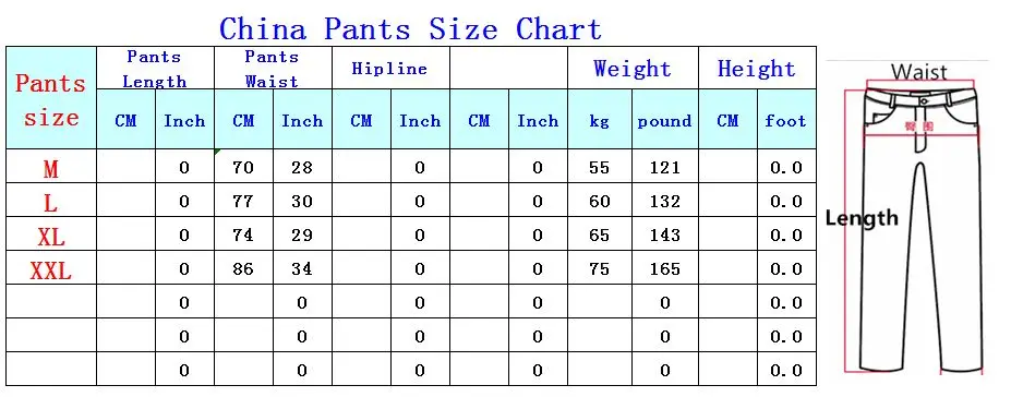 pants size by weight and height