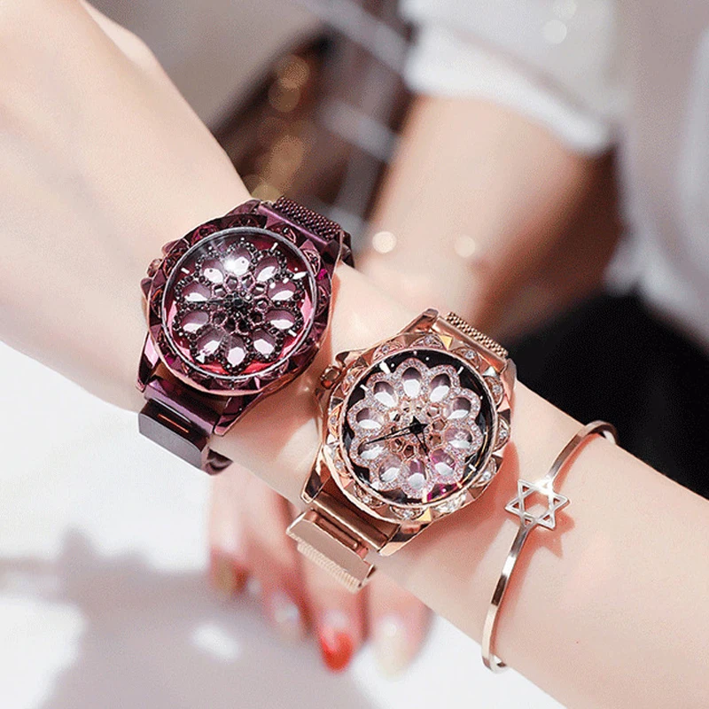 

Luxury Brand Magnet Crystal Women Watches Gold Clock Stainless Steel Rotation Flower Diamond Lady Quartz Watch relogio feminino