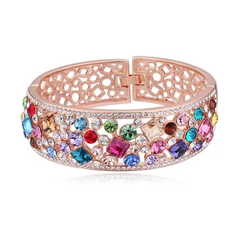 

Colorful Hollow Statement Bracelet Rose Gold Color Alloy Bangles for Woman Full Rhinestone Paved Bangles